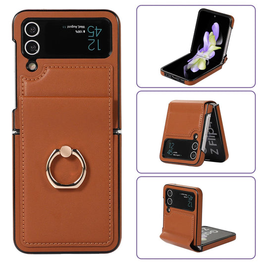 Luxury for Galaxy Z Flip3 4 5 6 Phone Case with Ring Holder Leather Kicstand Stockproof Protective Lightweihgt Thin Cover