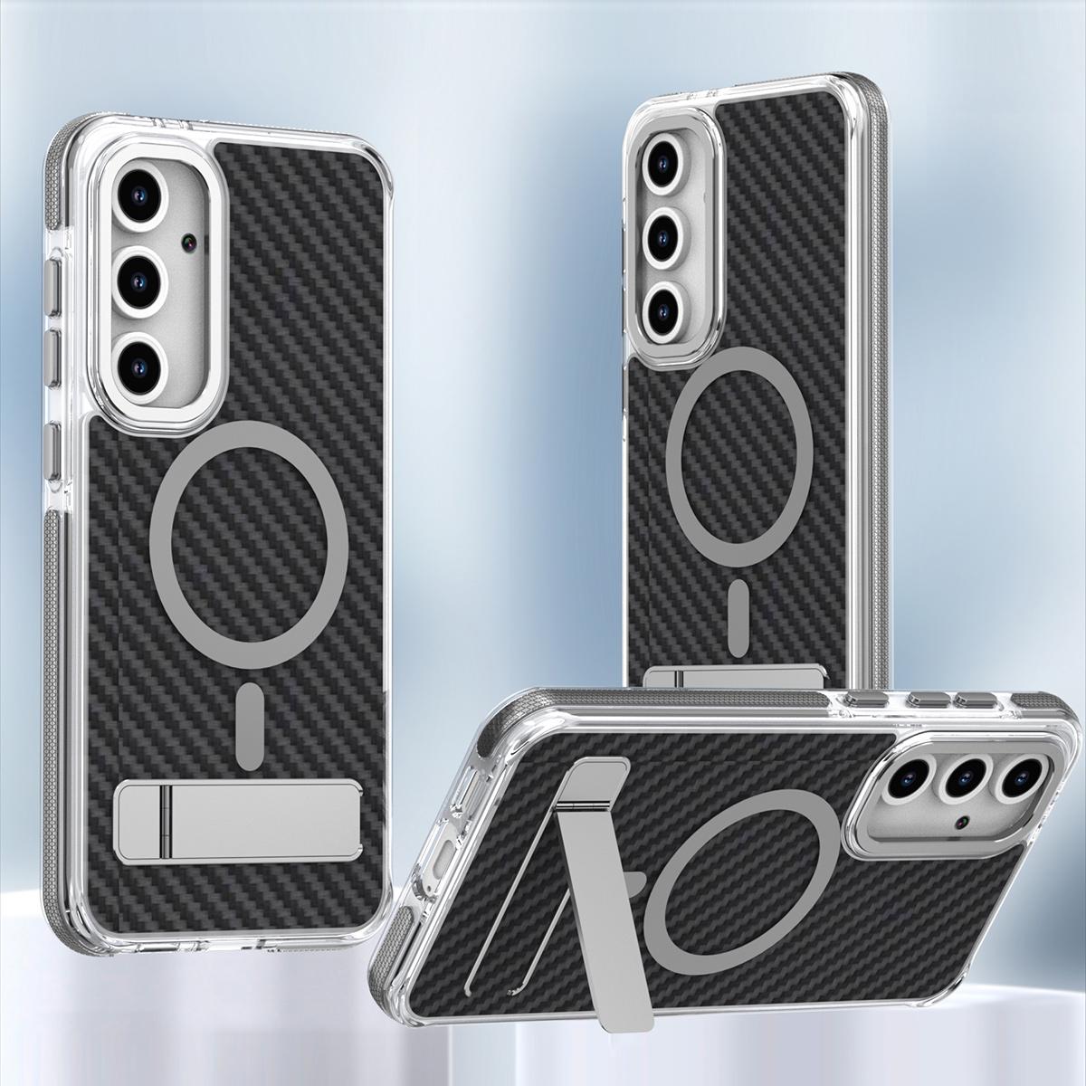 For Samsung S24 S23 Plus Ultra Phone Case, Premium Strong Magnetic Carbon Fiber Metal Bracket Acrylic Clear Shockproof Anti-Fall Bumper for Magsafe Non-Yellowing Hard Full