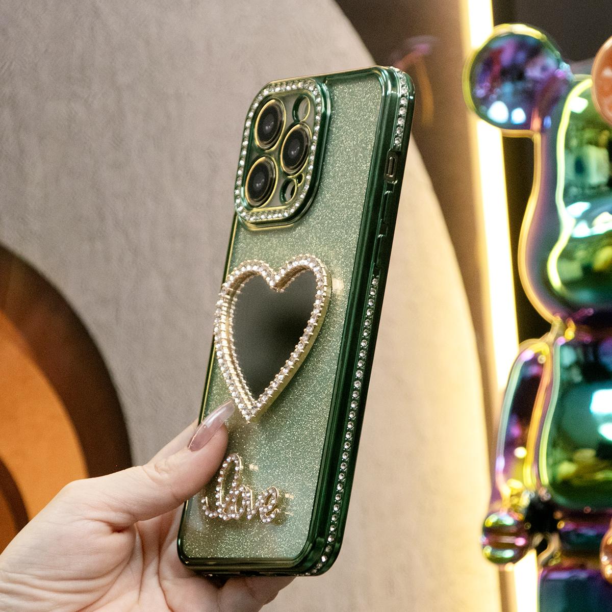 Plating Glitter Diamond Lover Heart Mirror Phone Case For iPhone 16 15 14 13 12 Pro Max