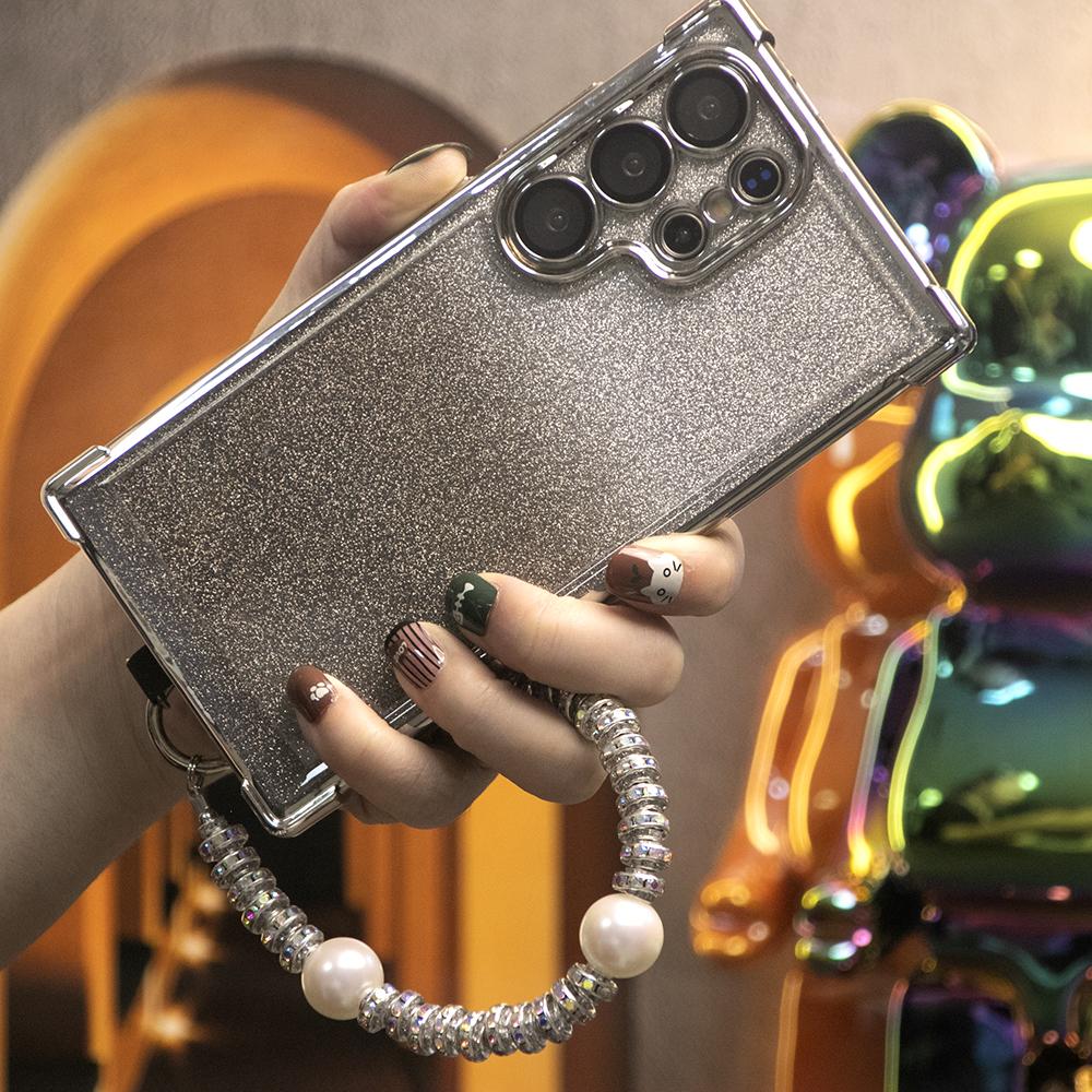 Gradient Plating Four Corners Phone Case with Pearl Diamond Wristband for Samsung S25Ultra S25 S24 S23 S22 S21 Note20 A53 A54 A55 Hard Acrylic Bumper Full Cover