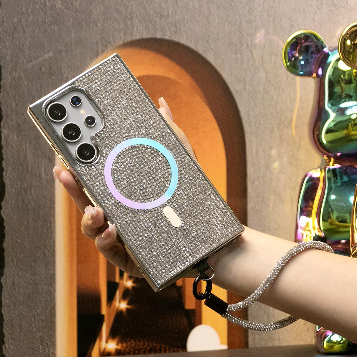 Luxury Glitter Rhinestone Plating Diamonds Magnetic Wireless Charging Phone Case With Rhinestone Wristband For iPhone 16 15 14 13 12 11 Shockproof Protection Bumper Hard Full Cover