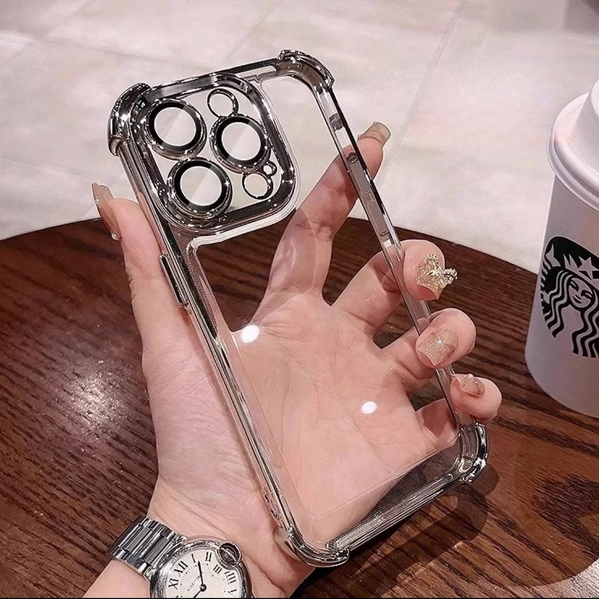 For iPhone 16 15 14 13 Phone Case, Luxury Four Corner Plating Clear High Definition Acrylic Built-in Camera Protector Shockproof Hard Full Cover