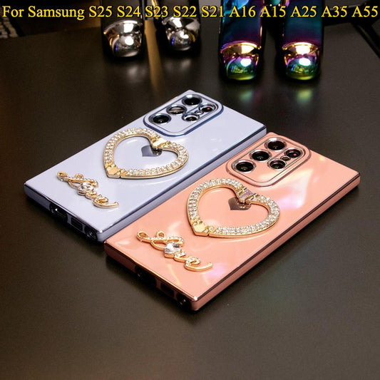 Luxury Rhinestone Love Heart Holder Plating Phone Case For Samsung S25 S24 S23 S22 S21 A16 A15 A25 A35 A55