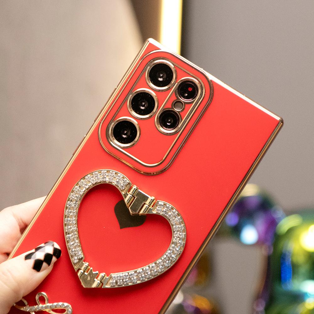 Luxury Rhinestone Love Heart Holder Plating Phone Case For Samsung S25 S24 S23 S22 S21 A16 A15 A25 A35 A55