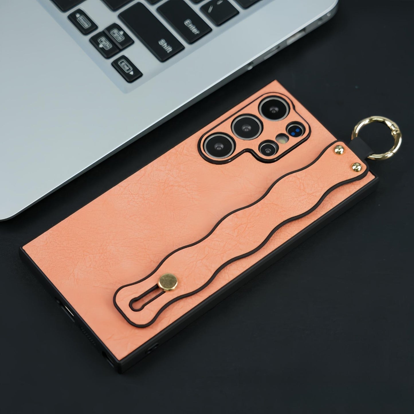 For Samsung S25Ultra S25 S24 S23 S22 S21 Case With Wave Wristband, Matte Durable Faux Leather Kickstand Shockproof Phone Case