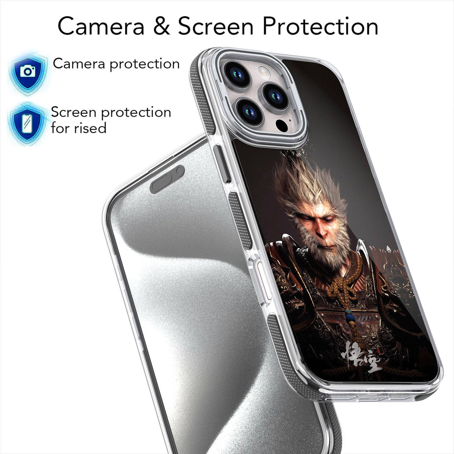 Black Myth Wukong Phone Case For iPhone 16 15 14 13 12 11 Plus Pro Max, Metal Hardware Camera Lens Stand Acrylic Cover, Clear No Yellow, With Shockproof  Anti-Fall Bumper