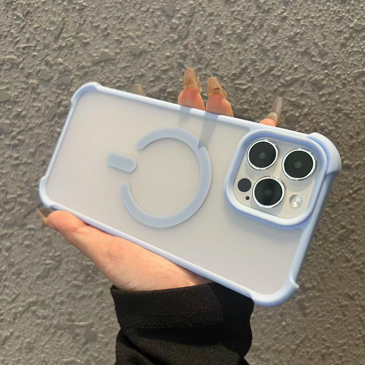 For iPhone 16ProMax 16 15 14 13 12 Pro Max Phone Case, Matte Transparent Four Corner Shockproof C Pattern Magnetic Acrylic, Bumper Protection Hard Full Cover