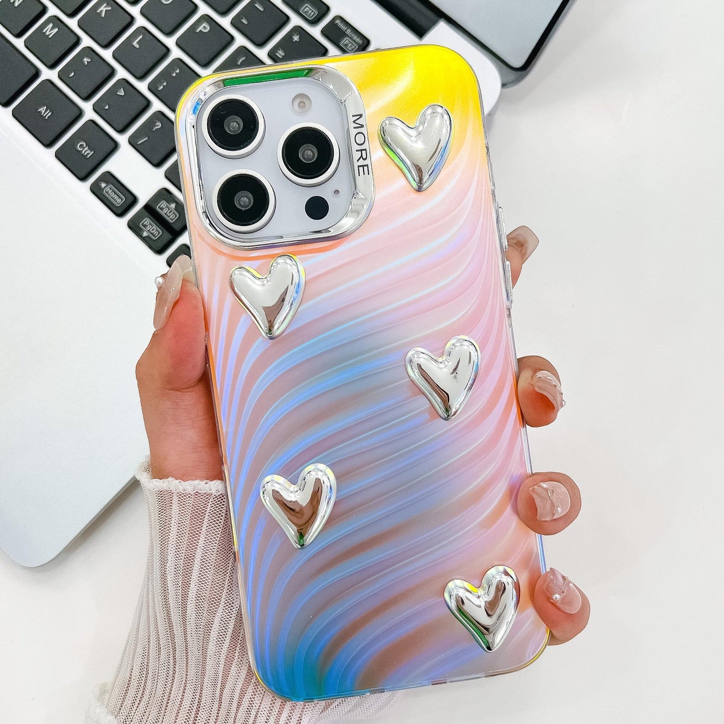 For iPhone 16ProMax 16 15 14 13 Phone Case, Electroplating Laser Love Heart Pattern Acrylic Slim, Camera Protection Non-Yellowing Hard Cover