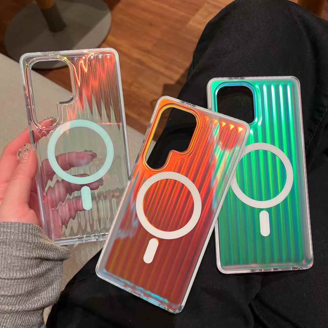 Transparent Gradient Corrugated Grille Suitcase Strong Magnetic Hard Polycarbonate Shockproof Phone Case with Bumper Strip for Samsung S25Ultra Matte Frozen Fog Full Cover