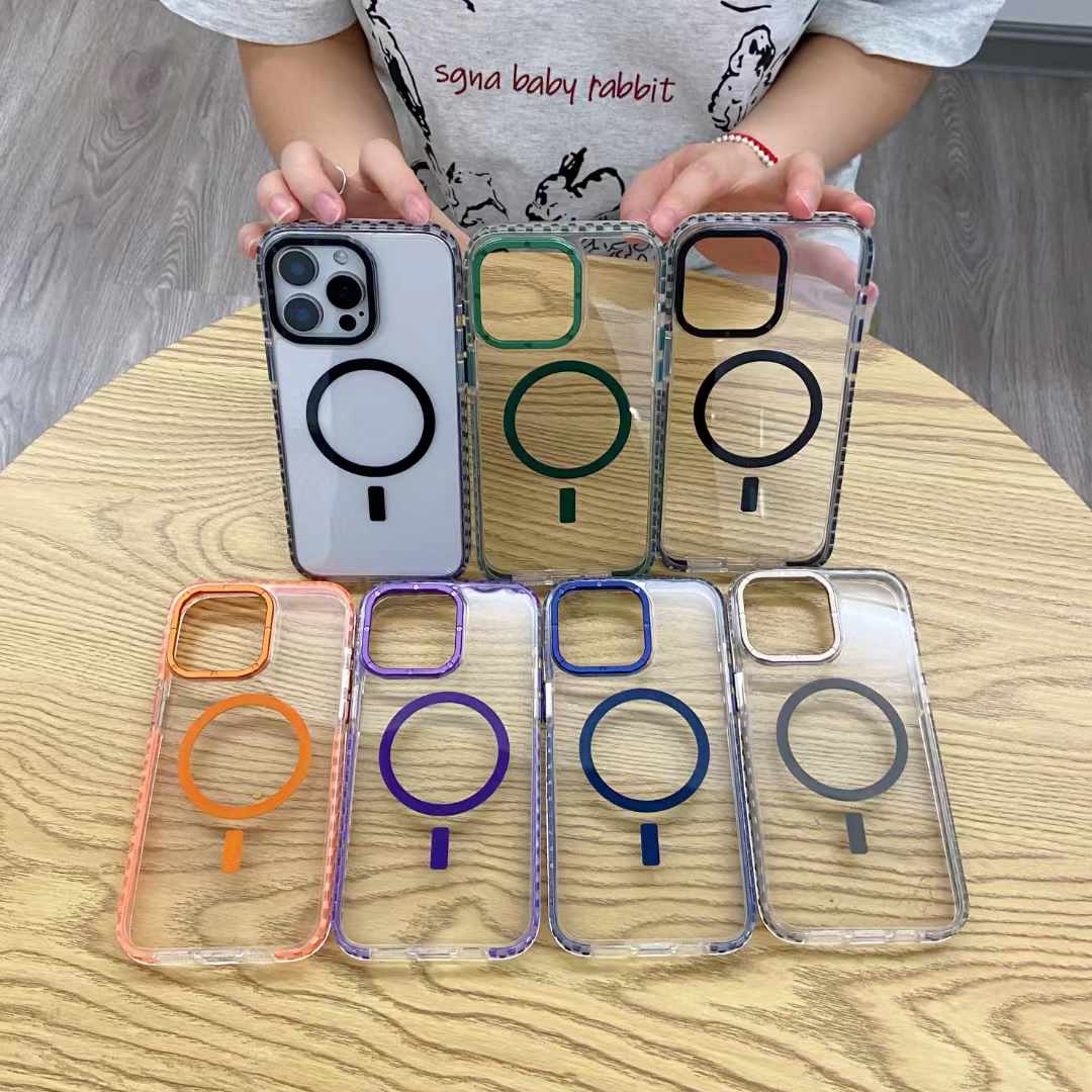 For iPhone 16 15 14 13 12 Pro Max Phone Case, Clear High Definition Two-tone Shockproof Acrylic Metal Frame for Magsafe Support Wireless Charging Anti-Fall Shockproof Full Cover