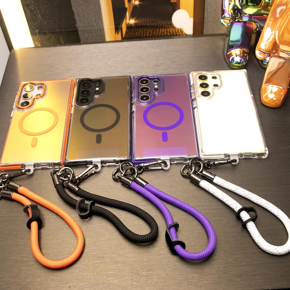 Laser Gradient Chameleon Strong Magnetic Case With Short Wristband For Samsung S25Ultra S24 S23 S22 S21FE A06 A15 A16 A25 A35 A36 A53 A54 A55 Metal Frame Acrylic Shockproof Cover