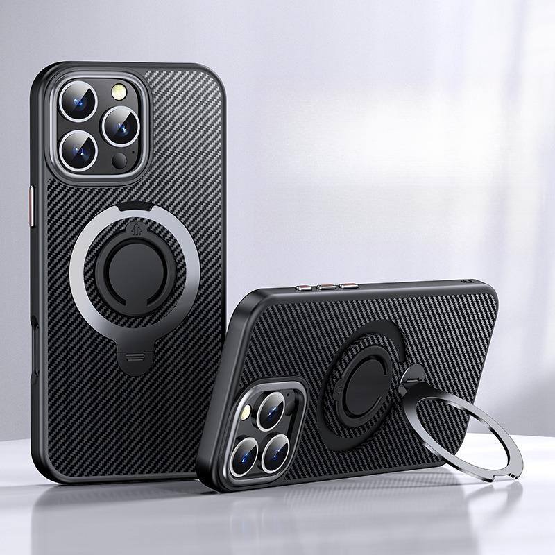Carbon Fiber Pattern Slim PC Business Strong Magnetic Phone Case with 360 Rotating Metal Kickstand For iPhone 16ProMax 15 14 13 12 Skin Feel Bumper Shockproof Hard Full Cover