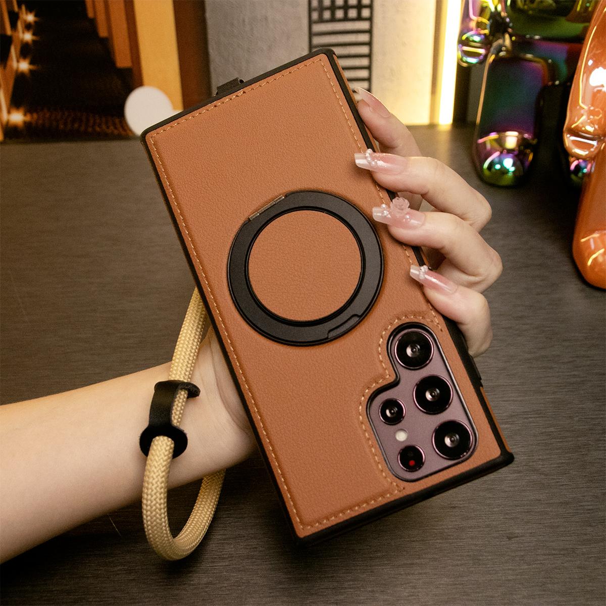 Luxury Full Leather Phone Case WIth Multifunctional Climbing Rope For Magsafe Samsung S24 Ultra S23 S22 Ultra Plus Magnetic Rotate Metal Holder Stand Back Cover