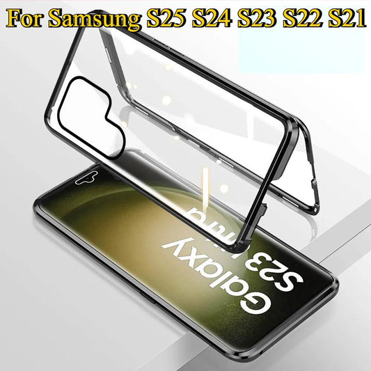 Clear Double Sided Full Cover Magnetic Adsorption Case for Samsung S25Ultra S25 S24 S24FE S24Plus S24Ultra S23 Ultra S23Plus S22 S21 Metal Frame Tempered Glass Shockproof Case