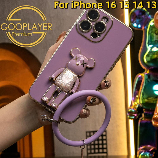 For iPhone 16 15 14 13 Pro Max Phone Case with Silicone Wristband, Candy Bear Kickstand TPU Luxury Plating Slim Soft Full Cover