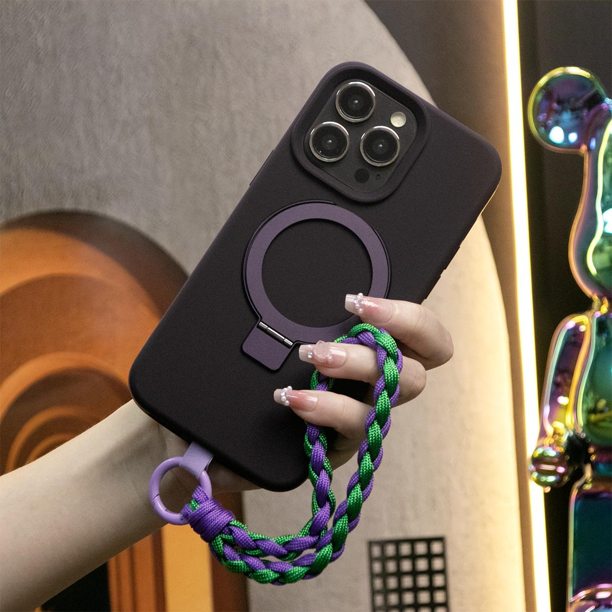 Strong Magnetic Stand Case With Woven Wristband for iPhone 16 15 14 13 12 Pro Max, Compatible with MagSafe, Soft Liquid Silicone Shockproof Phone Case with Microfiber Lining Built-in Invisible Stand