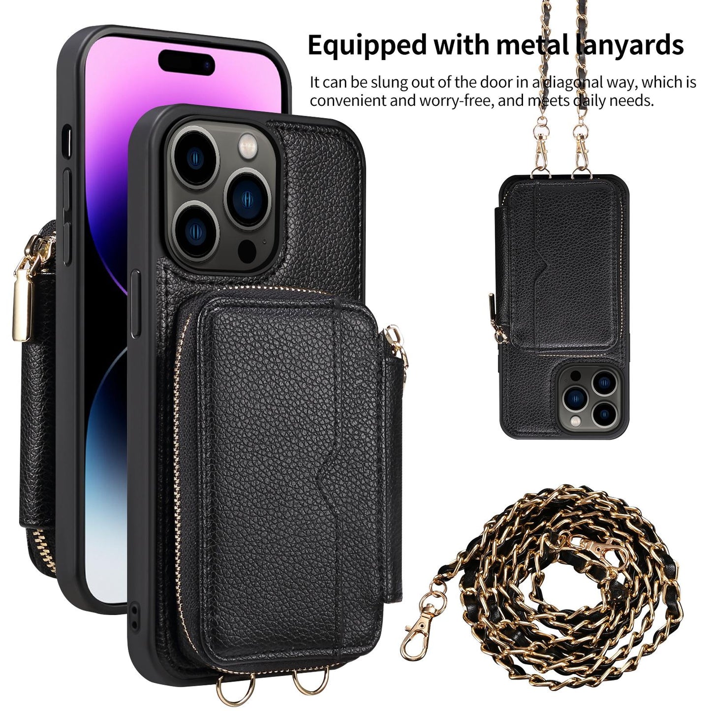 Zipper Crossbody Wallet Phone Case for iPhone 15 14 Plus 13 Pro Max Mirror Metal Chain Lanyard Card Slot Holder Leather Cover