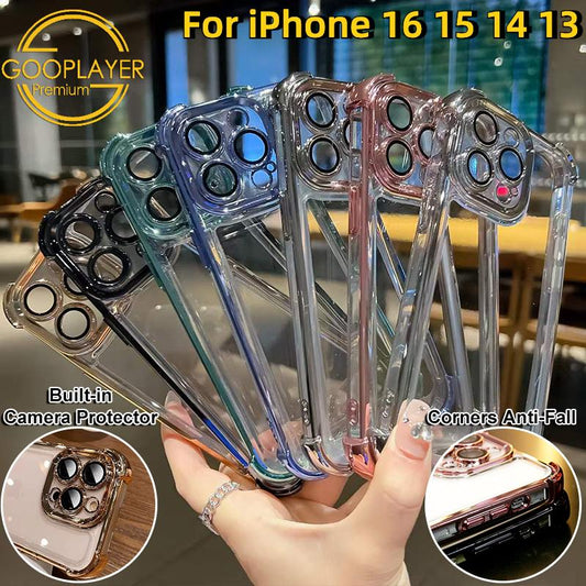 For iPhone 16 15 14 13 Phone Case, Luxury Four Corner Plating Clear High Definition Acrylic Built-in Camera Protector Shockproof Hard Full Cover