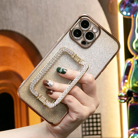 Glitter Transparent Gradient 3D Crystal Square Holder Plating Phone Case For iPhone 16ProMax 16 15 14 13 12 11 Pro Max Clear Soft TPU Back Cover