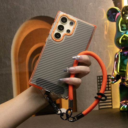 Carbon Fiber Pattern Phone Case, Metal Camera Cover, With Multifunctional Climbing Rope, With Shockproof Anti-Fall Bumper For Samsung S24 S23 S21FE A14 A15 A24 A25 A35 A54 A55 A05