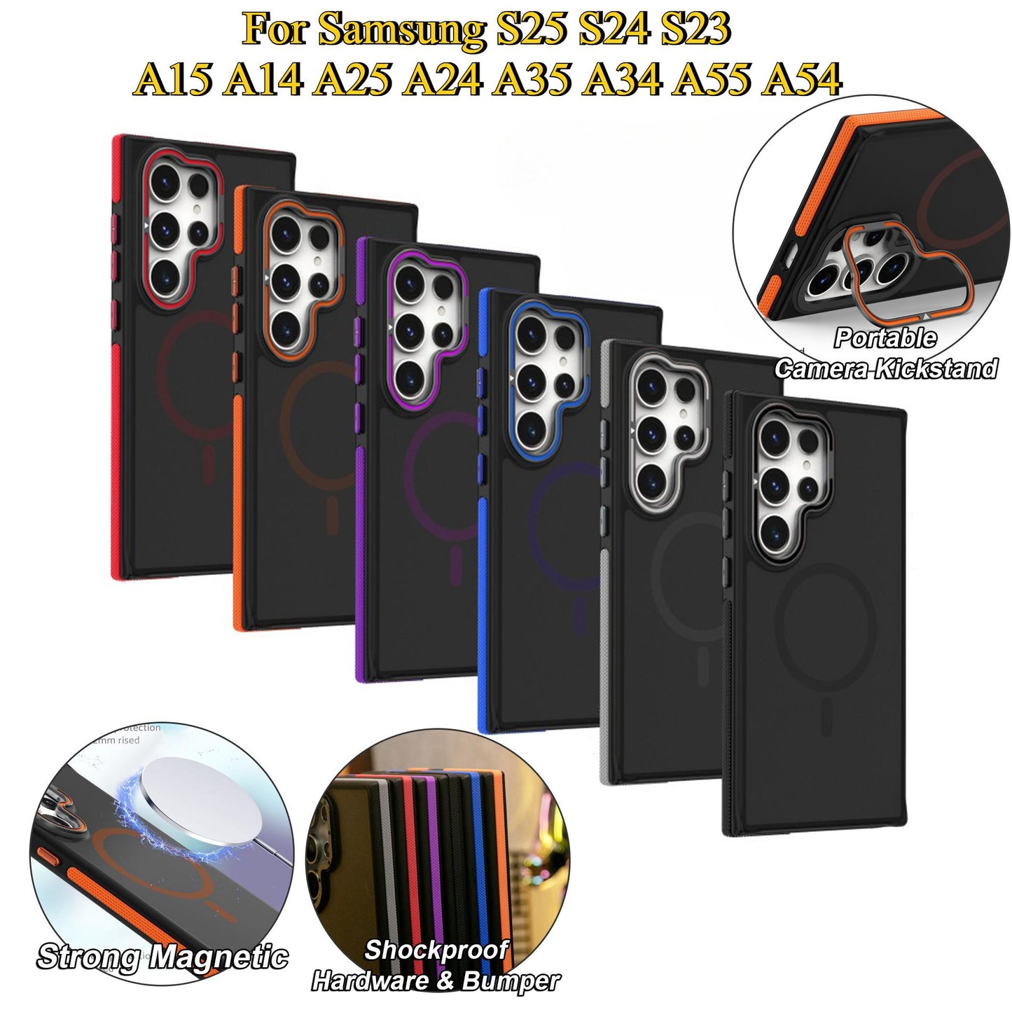For Samsung S25Ultra S25 S24 S23FE A15 A14 A25 A24 A34 A35 A54 A55 Strong Magnetic Phone Case, Metal Camera Kickstand Protection, Elegant Matte Case Shockproof Bumper Hard Full Cover
