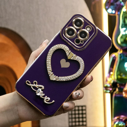 Elegant Glitter Plating Rhinestone Love Heart Kickstand TPU Anti-Fall Soft Phone Case for iPhone 16 15 14 13 12 11 Pro Max for Women Lady Girl