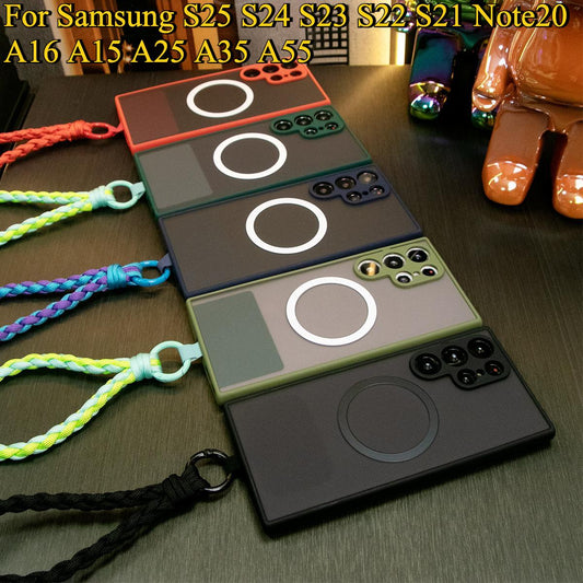 Luxury Matte Clear Support Magnetic With Woven Wristband For Samsung S25 S24 S23 S22 S21 Note20 A16 A15 A25 A35 A55