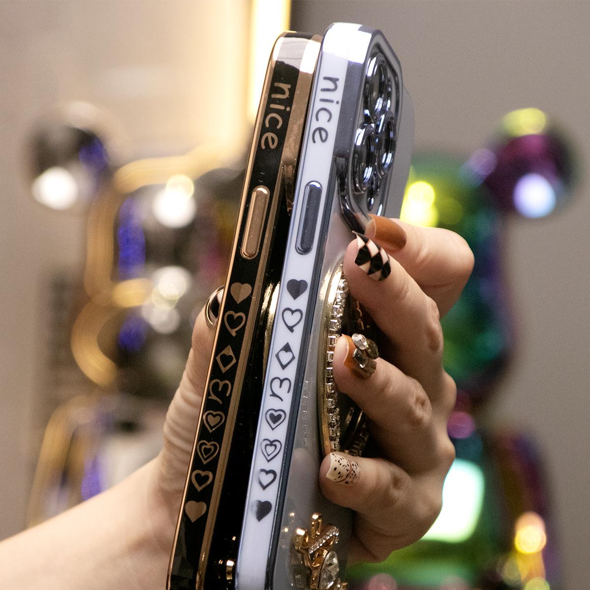 For iPhone 16ProMax 16 15 14 13 12 11 Pro Max, Luxury Rhinestone Love Heart Kickstand Holder Plating Soft Camera Protector Phone Case