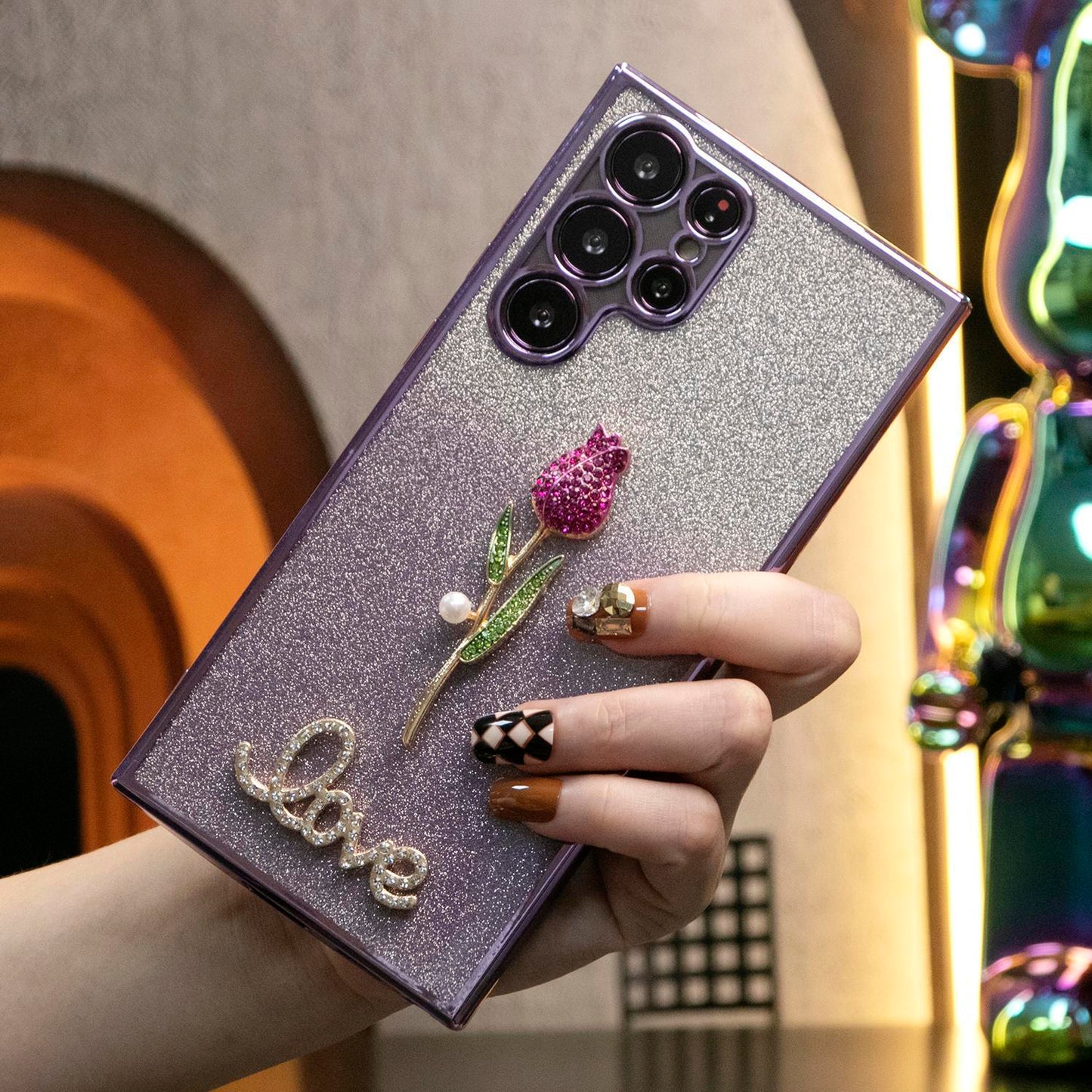 Luxury Diamond Plating Rose Flower Glitter Clear Gradient TPU Plating Shockproof Soft Phone Case For Samsung S24Ultra S24FE S24 S23 S22 S21 FE Plus Ultra