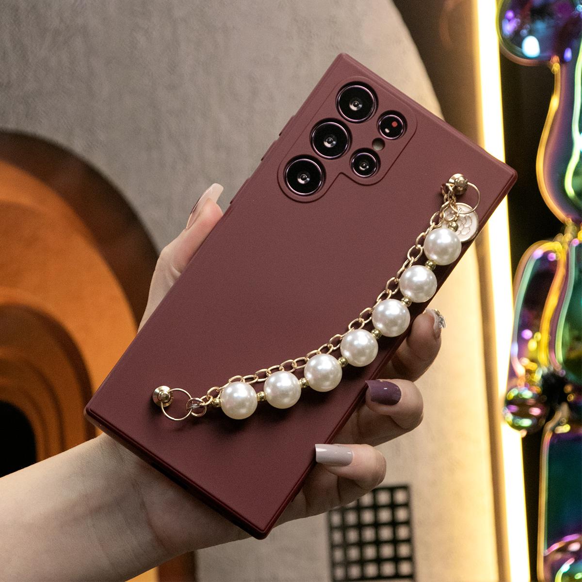 Silicone Matte Phone Case With Pearl Double Chain For Samsung S24 S23 S22 S21 Ultra Plus S24Plus S24Ultra Camera Protect Soft Cover S23 FE
