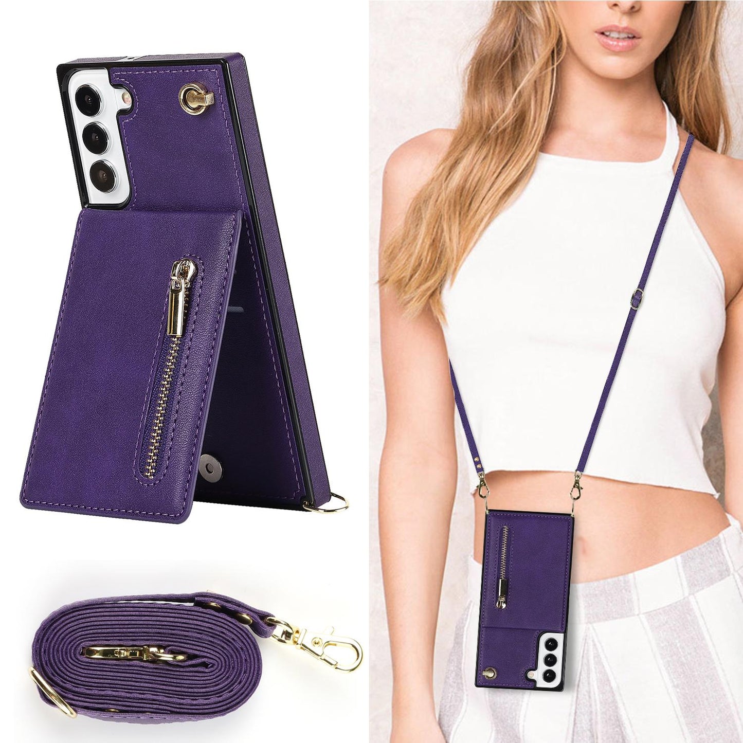 Crossbody Wallet Case Case For Samsung Galaxy S24 S23 S22 Plus Note 20 Ultra With Card Slot Holder, Magnetic Flip Folio Purse Case, PU Leather Zipper Handbag With Detachable Lanyard Strap