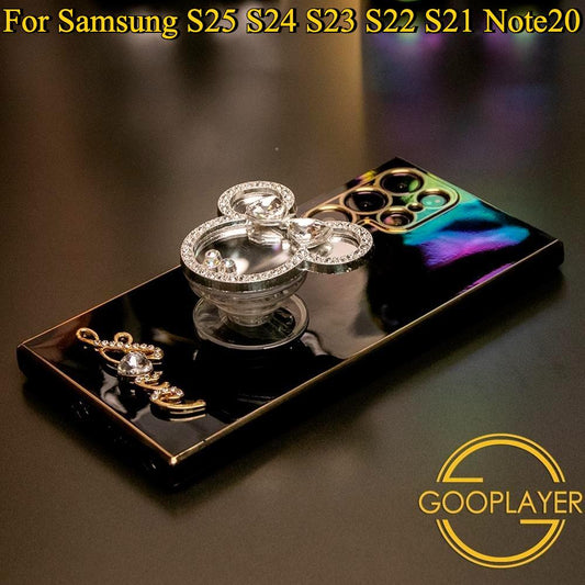 Mouse Head Mirror Pop Stand Kickstand Plating Phone Case For Samsung S25 S24 S23 S22 S21 Note20