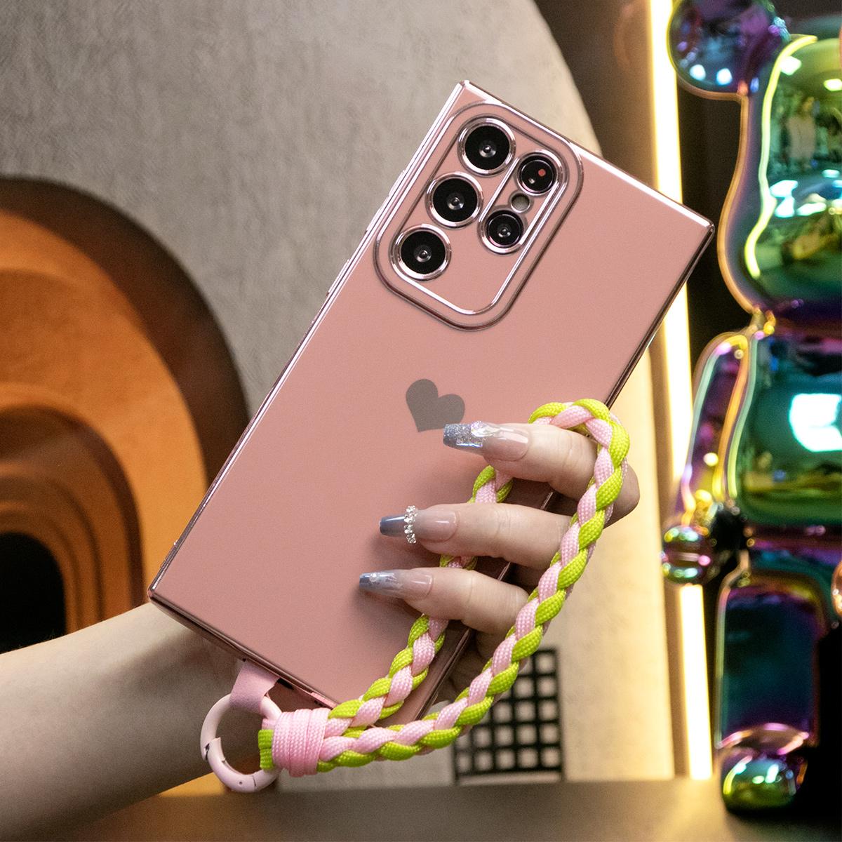 Luxury Love Heart Side Pattern Phone Case With Woven Wristband For Samsung S24 S23 S22 S21 FE Plus Ultra A13 A14 A15 A23 A24 A34 A35 A52