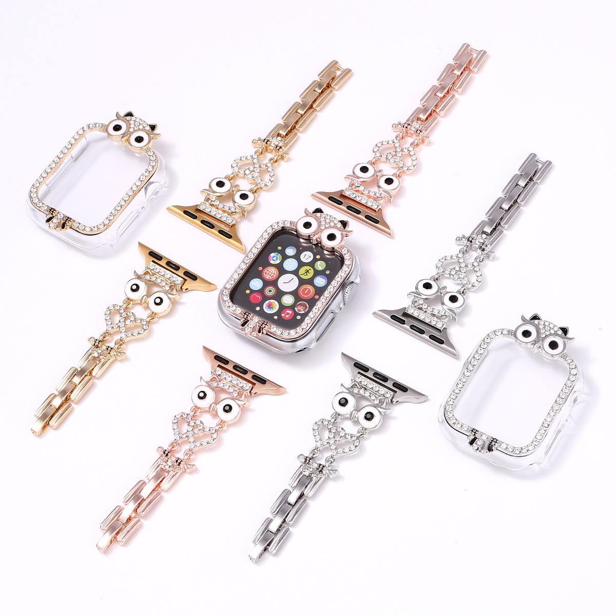 Diamond Owl Chain and Watch Case for Apple Watch 44mm Band 45 42 38 41 Ultra 49mm Link Bracelet for IWatch Series 9 8 7 6 SE 5 4