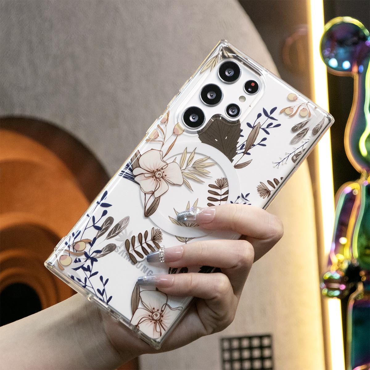 For Samsung S24 S23 S22 S21 Note20 Ultra Case, Clear Flower Magnetic, Glitter Luxury Elegant Case Camera Protection Shockproof Hard Cover
