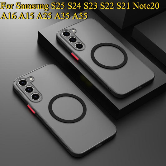 Matte Magnetic Acrylic Hard Shockproof Phone Case For Samsung S25 S24 S23 S22 S21 Note20 A16 A15 A25 A35 A55 Case Frosted Wireless Charge Cover