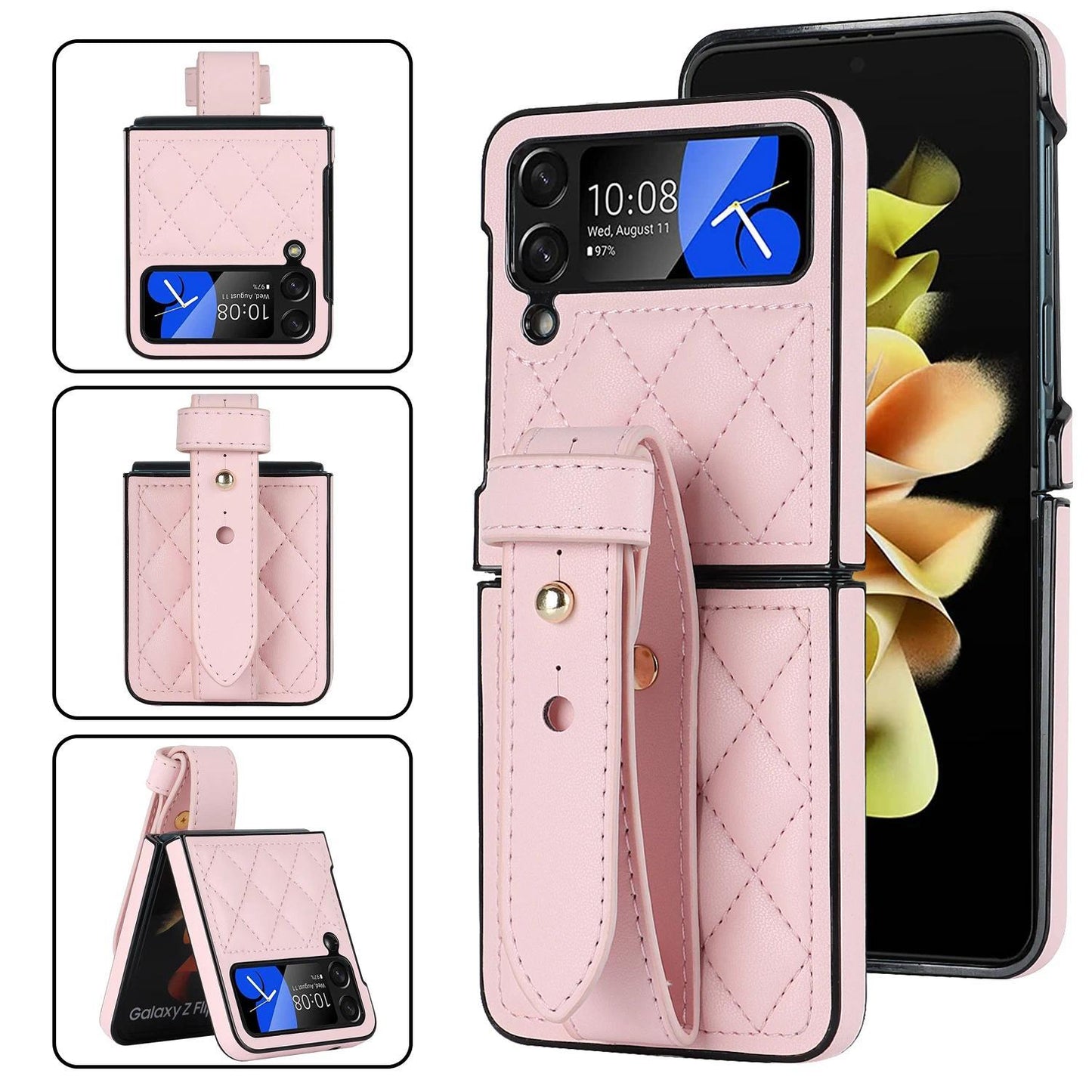 Leather Wristband Phone Case for Samsung Galaxy Z Flip 6 5 4 5G Flip5 Zflip4 Wrist Strap Thin Skin Feeling Shockproof Stand Cover
