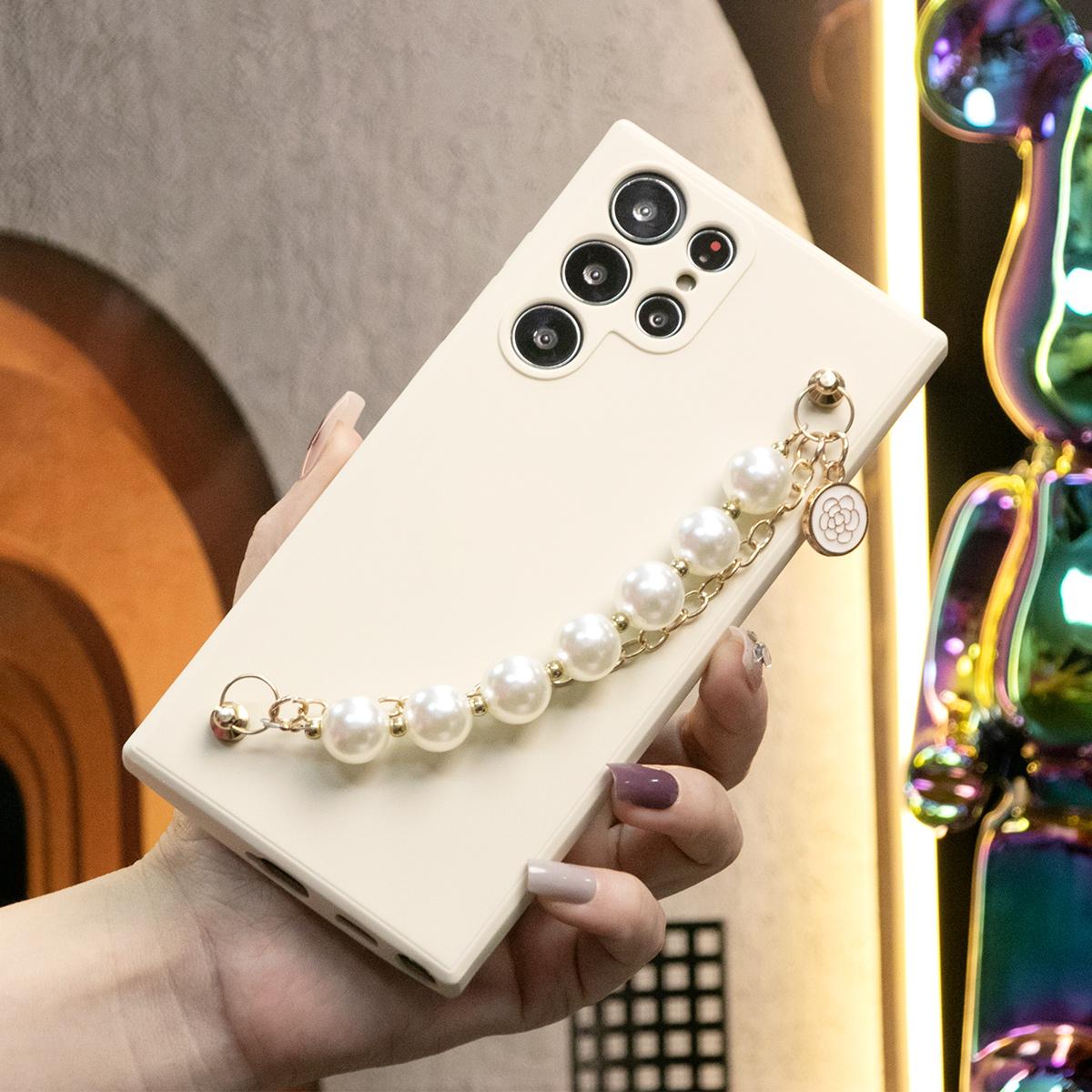 Silicone Matte Phone Case With Pearl Double Chain For Samsung S24 S23 S22 S21 Ultra Plus S24Plus S24Ultra Camera Protect Soft Cover S23 FE
