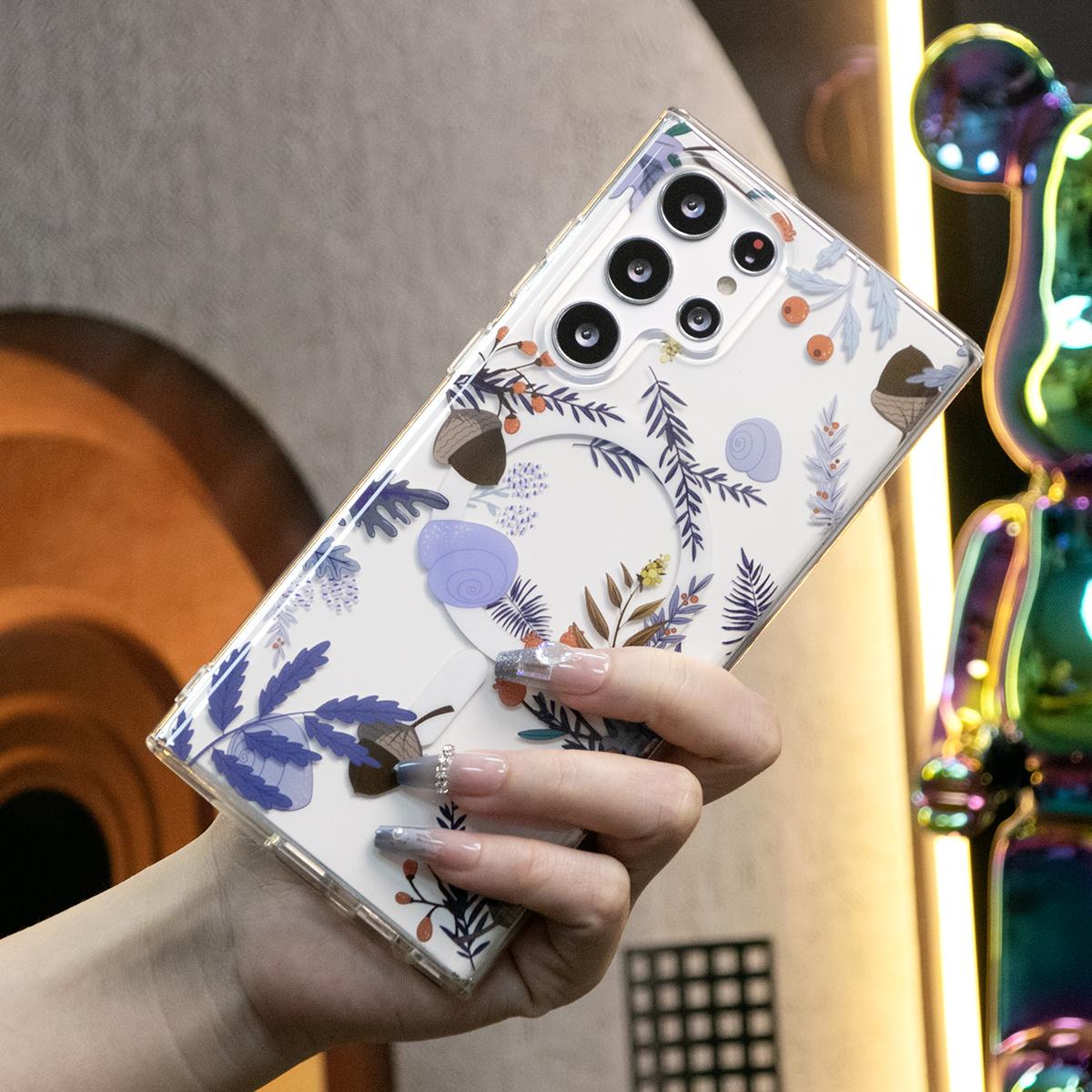 For Samsung S24 S23 S22 S21 Note20 Ultra Case, Clear Flower Magnetic, Glitter Luxury Elegant Case Camera Protection Shockproof Hard Cover