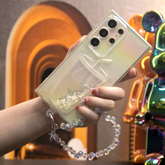 For Samsung S22 S23 S24 Ultra Case with Diamond Wristband, Flowing Liquid Sparkling Bling Glitter Cup Style Fun Sparkle Quicksand Design Transparent Soft TPU Protective Clear Case