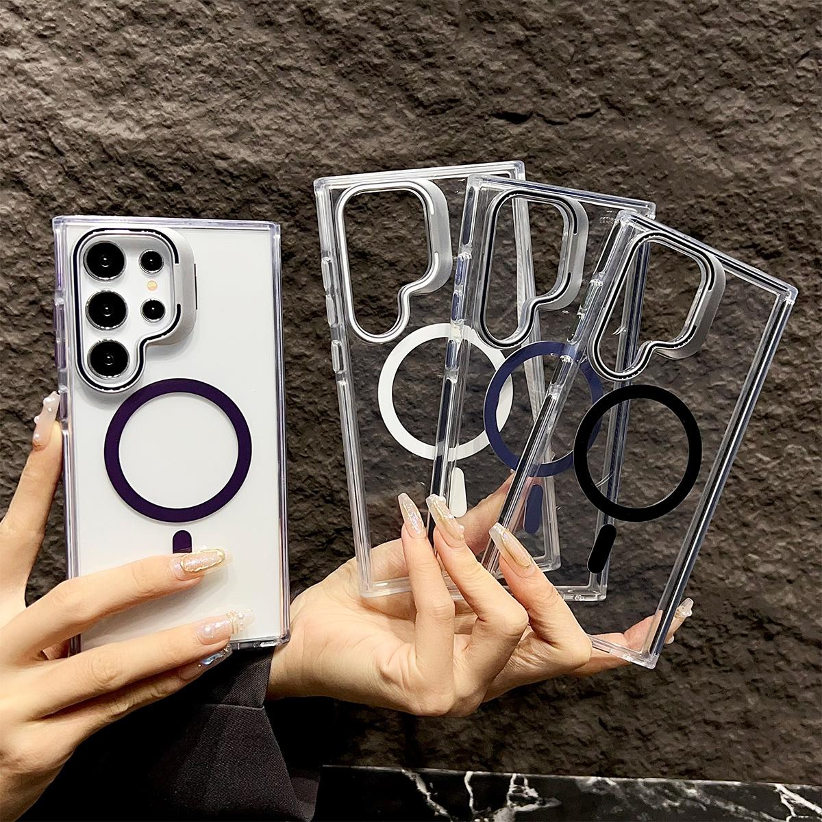 Dual Color Lens Stand Magnetic For Magsafe Wireless Charging Case For Samsung S24 Plus Ultra Clear TPU Acrylic Hard Cover