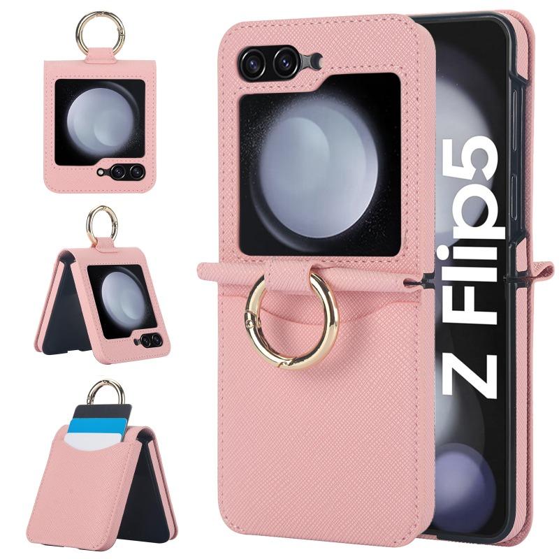 Cross Grain Leather Ring Phone Case for Samsung Galaxy Z Flip 6 5 4 3 Flip5 Flip4 Flip6 Wallet with Card Holder Shockproof Cover