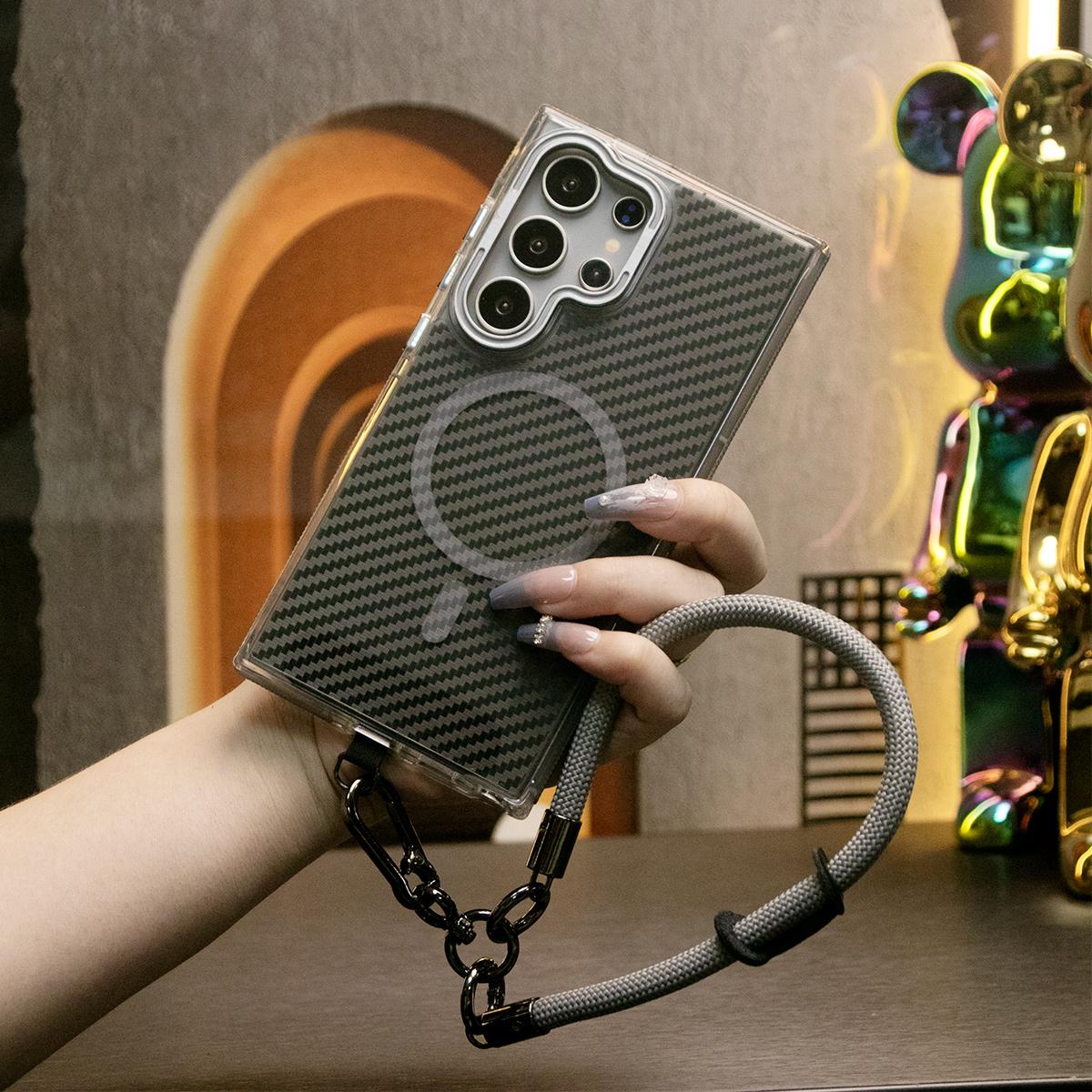 Magnetic Carbon Fiber Pattern Phone Case, Metal Hardware Camera Lens Stand Acrylic Cover, With Multifunctional Climbing Rope, Anti-Fall Bumper For Samsung S24 S23 S21 Ultra FE A14 A15 A24 A25 A35 A54 A55 A05