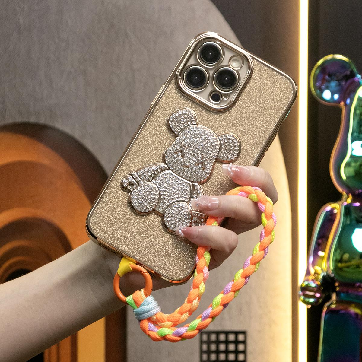 For iPhone 16 15 14 13 12 11 Pro Max Bling Glitter Case With Woven Wristband, Rhinestone Bear, Glitter Clear Plating Electroplate Luxury Elegant Case Slim Fit Shockproof Soft Cover