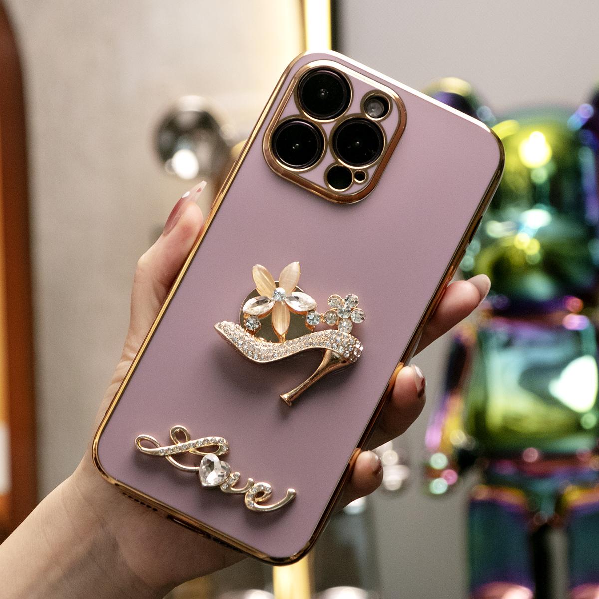 Glitter Diamond Love Golden High Heels Plating Phone Case For iPhone 16 15 14 13 12 Plus Pro Max Soft TPU Back Cover