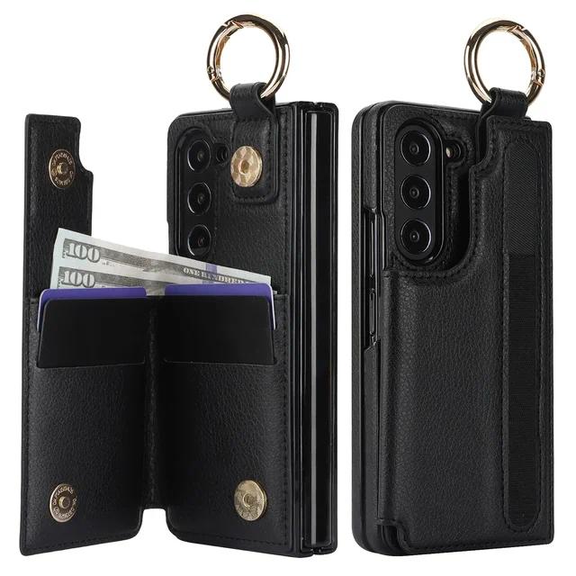 PU Leather Ring Phone Case for Samsung Galaxy Z Fold 6 5 4 3 Fold5 Fold4 Fold3 5G Wallet with Pen Holder & Card Slot (No Pen)