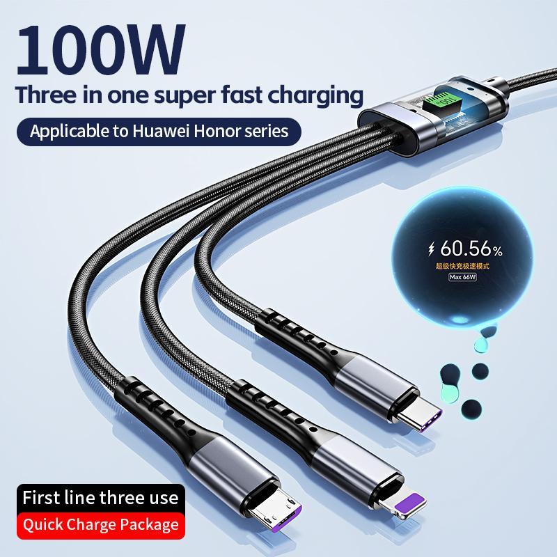 New 3 In 1 100w Transparent Fast Charging Cable Type C Usb Micro For Iphone Samsung Huawei Xiaomi Pilot Lamp Charger Usb C 6A