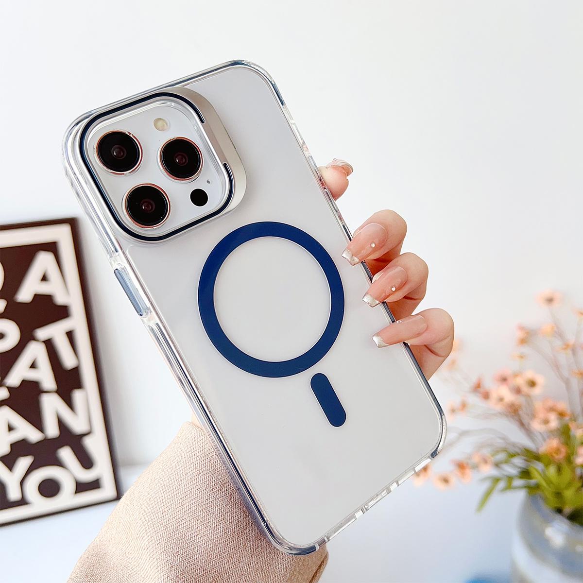 Dual Color Lens Stand Magnetic For Magsafe Wireless Charging Phone Case For iPhone 16 15 14 13 Pro Max Plus Clear TPU Acrylic Hard Cover
