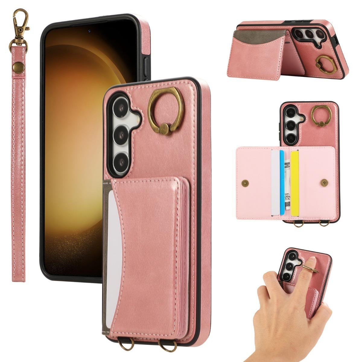 For Samsung S25Ultra S24 S23 S22 A16 A15 A35 A55 Leather Phone Case with Double Folding Wallet Wristband, Anti-Fall Card Slot Kickstand Shockproof Business Hard Full Cover