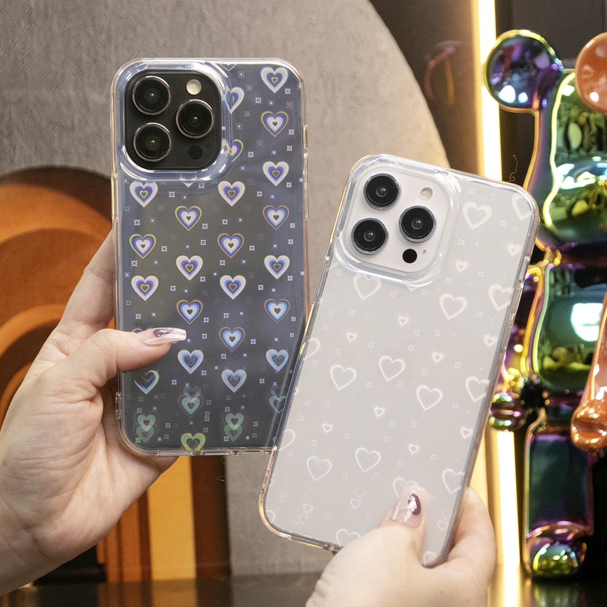 For iPhone 16 15 14 13 12 11 Pro Max Case, Clear Laser Love Heart, Glitter Luxury Elegant Case Shockproof Hard Cover